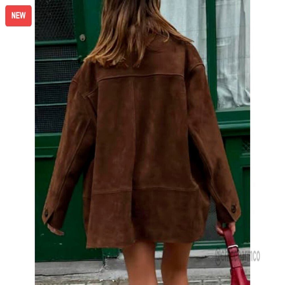 Faux Suede Leather Shacket Midi Long Button Down Casual Boyfriend Fit Jacket - Picture 2 of 5